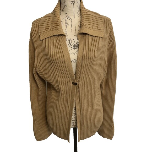 Vintage KIKIT Maurice Sasson Women's Large Tan Ribbed Cardigan Sweater - Picture 1 of 11